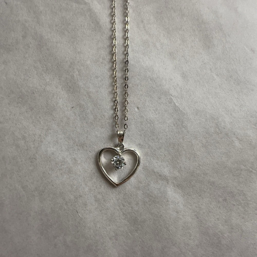 Sterling Silver 925 Open Heart Pendant Necklace Clear Stone Womens 18in Love